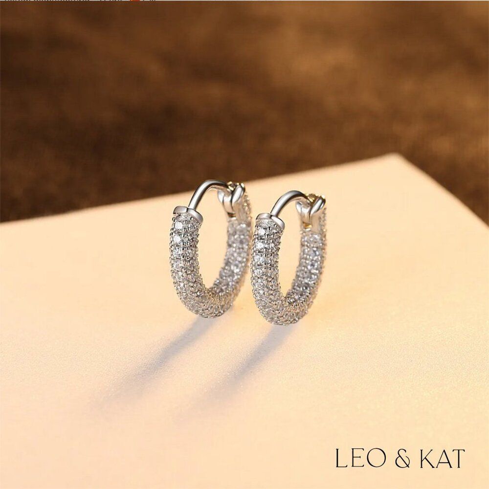 Elegant Pave Huggie Earrings in Gold & Silver. 925 Sterling Silver. #1004